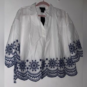 White Embroidered Peasant Top with Navy Blue Trim